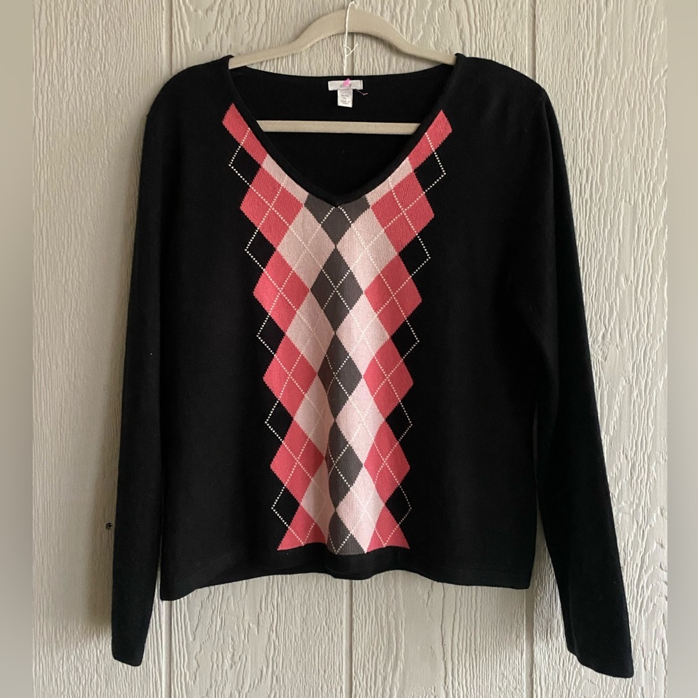 Y2K Argyle Black Pink V-Neck Sweater Barbiecore Schoolgirl Preppy Academia Sz PL